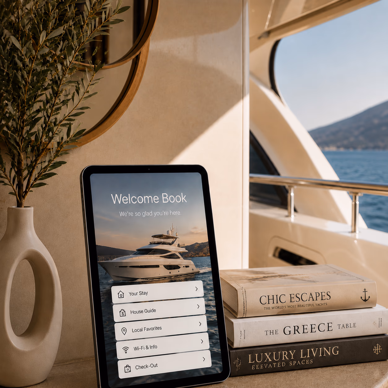 Aegean yacht charter at golden hour — Be Our Guest welcome book on the saloon table